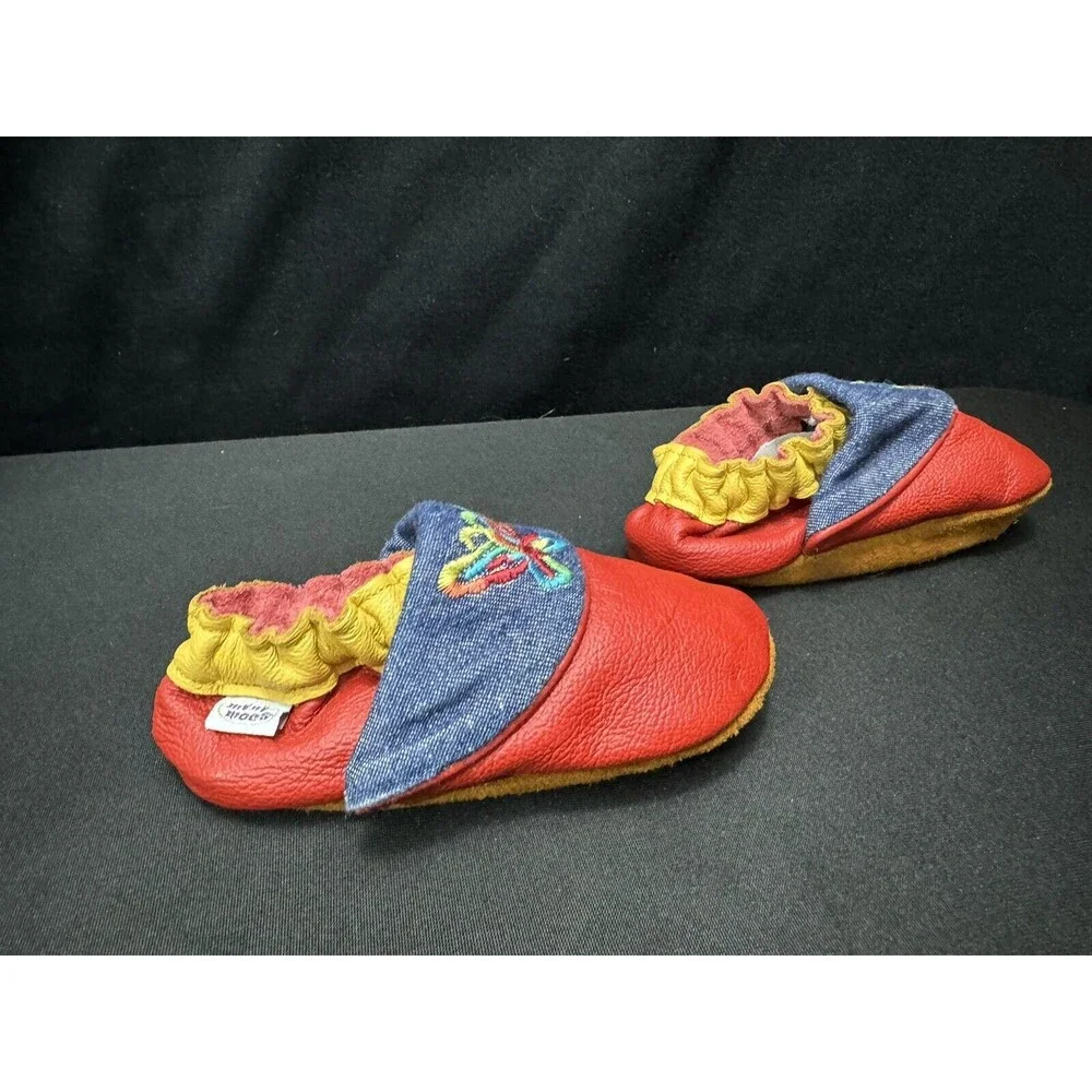 Mini-Mocs Infant Moccasin Shoes 12-18 Months Y2K Butterfly Leather Red + Denim